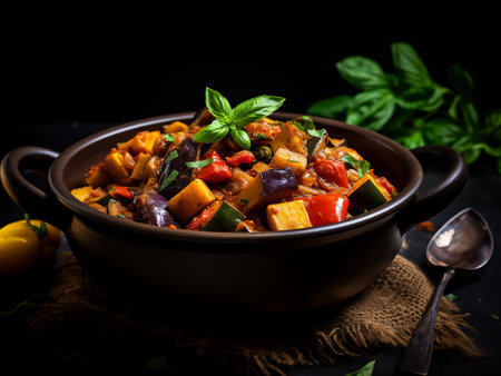Vegetable stew with eggplant, zucchini, bell pepper and tomato in a clay pot on a black backgroundの写真素材