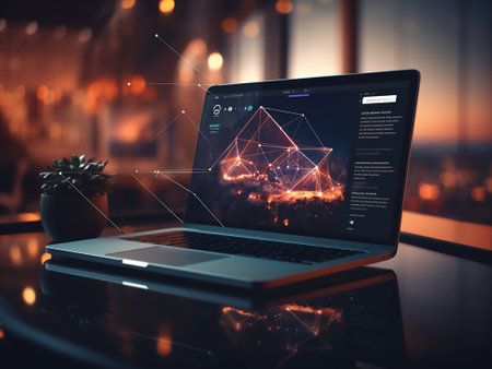 Laptop with abstract glowing polygonal background. Technology and communication concept. 3D Renderingの写真素材