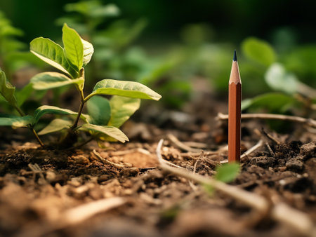 Pencil on the soil with green plant in the background. Selective focus.の写真素材