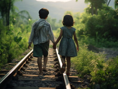Back view of little boy and girl holding hands and walking on railwayの写真素材