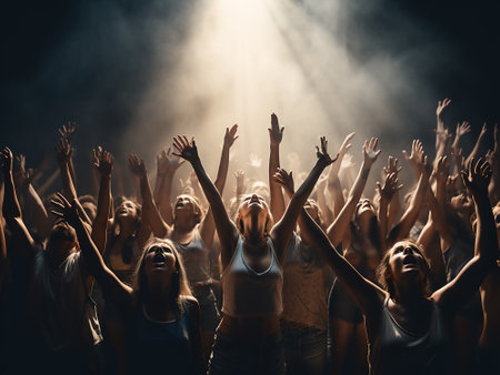 Crowd of young people dancing at a music festival. Music festival.の写真素材
