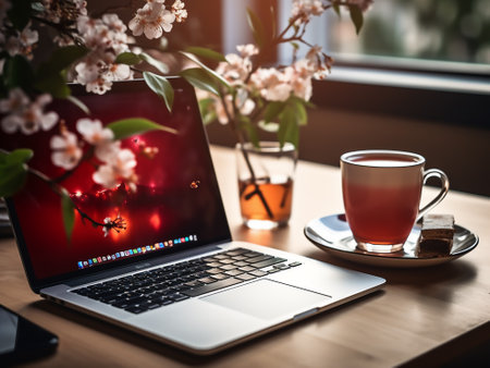 Coffee cup and laptop on wooden table in cafe, stock photoの写真素材