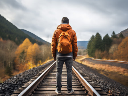 Back view of young man with backpack standing on railway tracks in autumn forestの写真素材