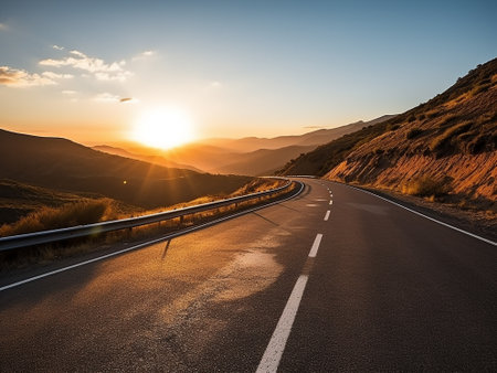 Asphalt road in the mountains at sunset. Landscape with asphalt roadの写真素材