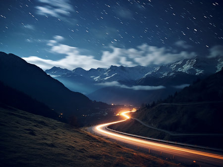Car light trails on a mountain road at night. Landscape.