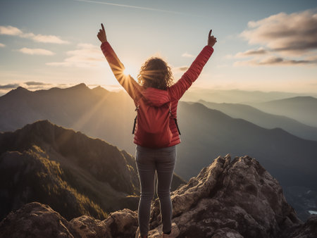 Young woman hiker open arms on top of a mountain at sunsetの写真素材