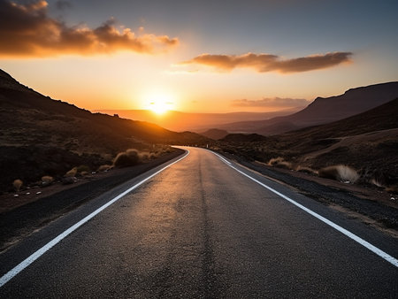 Asphalt road in the desert at sunset. Landscape with empty road