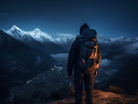 Hiker with backpack on top of the mountain looking at the city at night