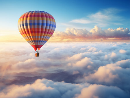 Hot air balloon flying over the clouds. 3D Rendering.の写真素材