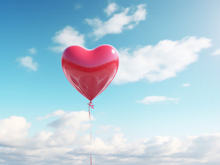 Red heart shaped balloon flying in the blue sky. 3D Renderingの写真素材