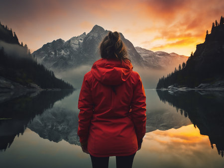 Back view of woman in red jacket standing on lake and looking at mountainsの写真素材