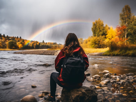 A girl with a backpack sits on a rock by the river and looks at the rainbow.の写真素材