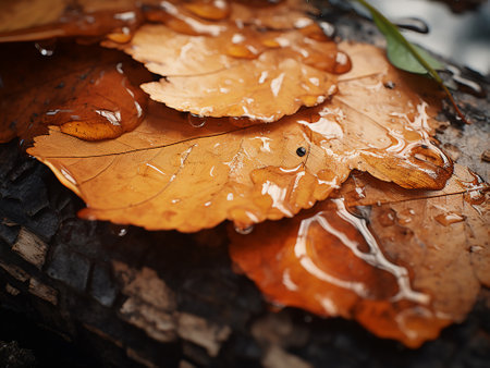 Autumn leaves on a tree stump. Close-up. Selective focus.の写真素材