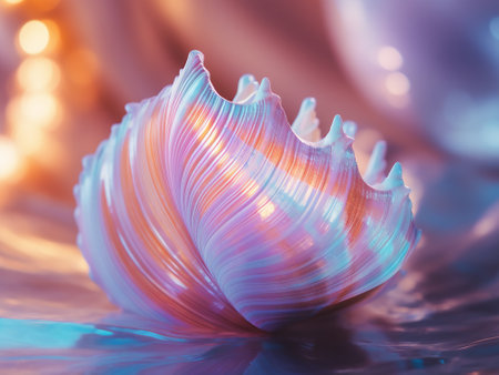 Beautiful sea shell on the background of water and bokehの写真素材