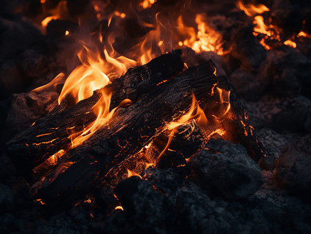Burning firewood in a campfire, close up.