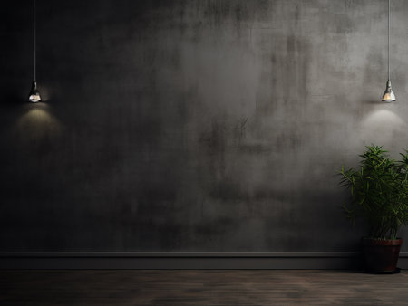 Dark interior with concrete wall, lamp and plant. 3d renderの写真素材