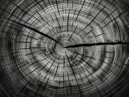 Cross section of tree trunk showing growth rings in black and white.の写真素材