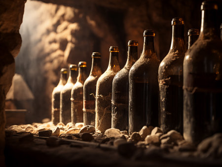 Old dusty wine bottles in a cave. Selective focus. Toned.の写真素材