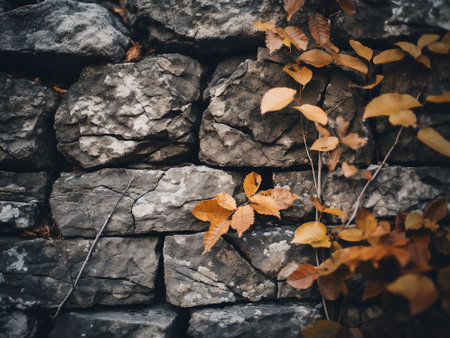 Autumn leaves on a stone wall. Autumn background. Selective focusの写真素材