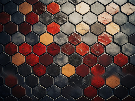 Abstract geometric background of hexagons in black and red colors. 3d rendering