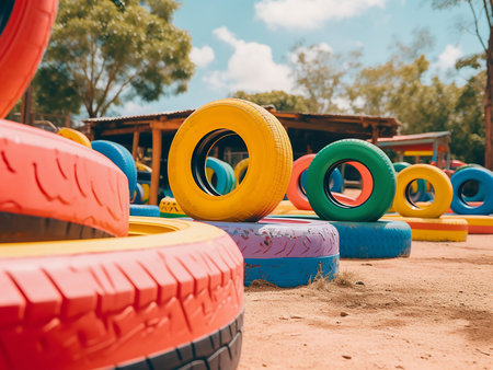 Playground for children with colorful rubber tires. Playground for kids.