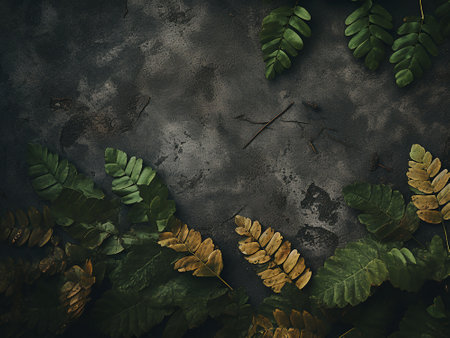 Tropical leaves on black background. Flat lay, top viewの写真素材