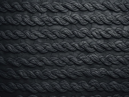 Black leather texture background with braided rope pattern. Close up.