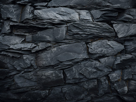 Black slate stone wall texture background. Natural material for design with copy space.
