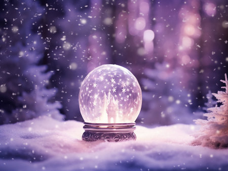 Snow globe in winter forest with falling snow. Christmas and New Year background.の写真素材