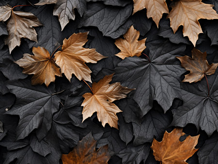 Autumn leaves background. Black and brown leaves pattern. Top view.