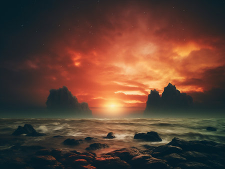 Fantasy landscape with rocks in sea at sunset. 3d illustrationの写真素材