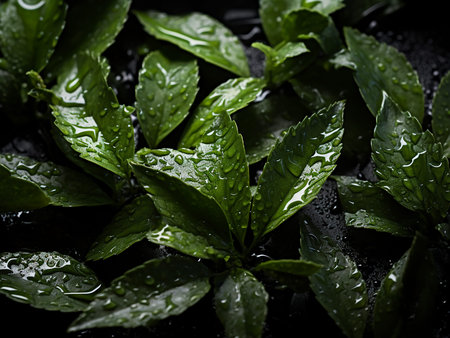 Fresh green basil leaves with water drops on black background, closeup