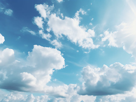 Blue sky background with tiny clouds. Cumulus white clouds in the blue sky.