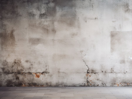 old grunge concrete wall with peeling paint and brick floor backgroundの写真素材