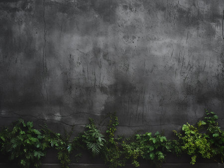 Green plant on black cement wall background with copy space for text or image.の写真素材