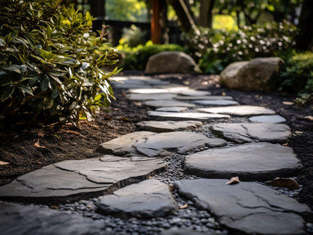 Stone walkway in the garden with sunlight in the morning, stock photoの写真素材
