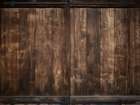 Old wooden door with iron hinges, close up. Wooden background.の写真素材