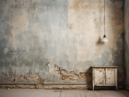 Old grunge interior with wooden chest of drawers and brick wallの写真素材