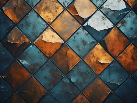 abstract background of rusty metal with cracked paint, blue and orange colorsの写真素材