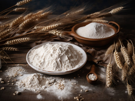 Wheat flour on a wooden table. Rustic style. Selective focus.の写真素材