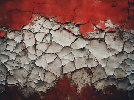 Old grunge background with cracked paint. Red and white colors.の写真素材
