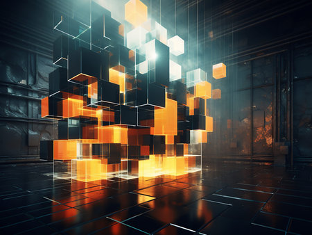 Abstract technological background with glowing cubes. 3d rendering toned image double exposure
