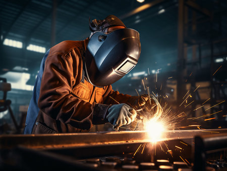Welder at work in a factory. Metalwork manufacturing and construction.