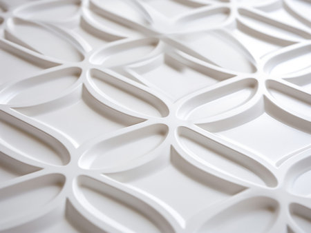 Abstract background of white ceramic tiles. Close-up. Selective focus.