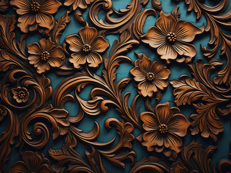 3d render of wood carving with floral ornament on blue background.の写真素材