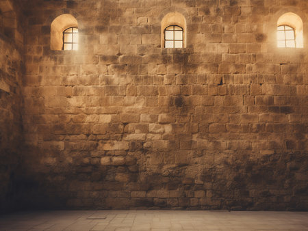 Old stone wall with window and lights. Mock up, 3D Renderingの写真素材