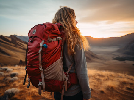 Young woman with backpack hiking in the mountains at sunset. Hiking conceptの写真素材