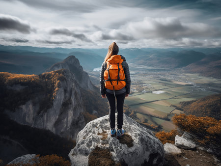 Woman hiker with orange backpack standing on top of a mountain and looking into the distance