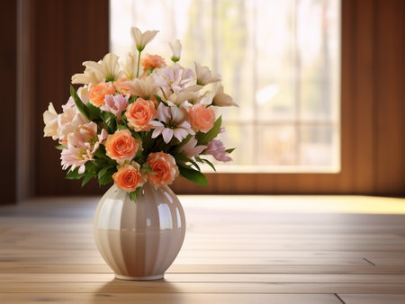 Bouquet of beautiful flowers in vase on wooden table in roomの写真素材