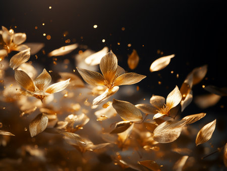 Beautiful golden flowers on dark background. 3d rendering, 3d illustration.の写真素材